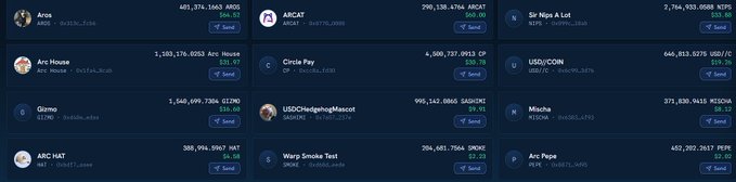 A dark-themed dashboard displaying various cryptocurrency tokens including ARB, ABCAT, Sir Man A Lot, Arc House, Circle Pay, USDC/COIN, Gizmo, USDC/HedgehogMascot, Mischa, ABC HAT, Warp Smoke Test, and Arc Pepe, each with numerical values and a 'Send' button.