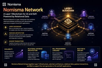 An infographic for 'Nomisma Network' describing itself as 'A Layer 1 Blockchain for AI and DeFi Powered by Relational Data,' featuring sections on scalability, relational-database architecture, full processing language, and built for AI and DeFi.