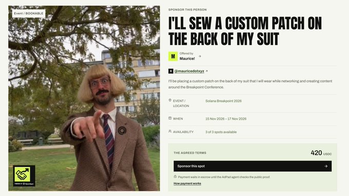 A sponsorship listing from "Event/BOOKABLE" offered by "Maurice!" for "420 USDC," stating "I'LL SEW A CUSTOM PATCH ON THE BACK OF MY SUIT" for Solana Breakpoint 2026.