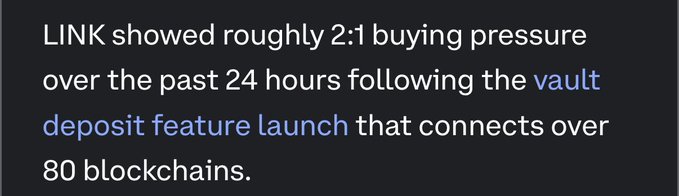 Crypto news snippet: "LINK showed roughly 2:1 buying pressure over the past 24 hours following the vault deposit feature launch that connects over 80 blockchains."