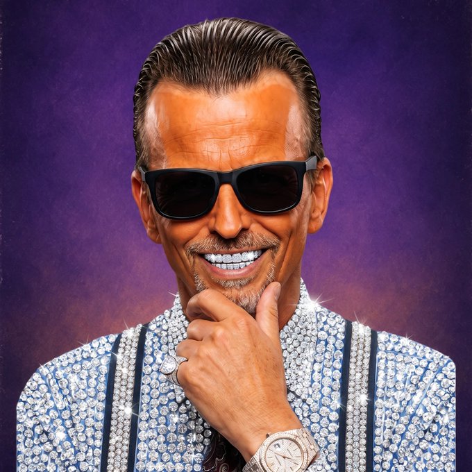 A stylized digital illustration of a smiling man with slicked-back gray hair, wearing dark sunglasses, diamond teeth, and a rhinestone-studded jacket, with his hand resting on his chin.