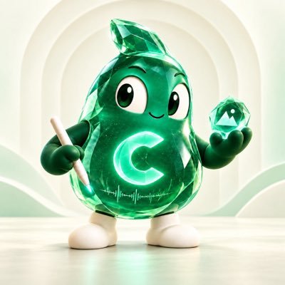 A green crystal-like cartoon character with a "C" logo on its chest, holding a small green gem in one hand and a stick in the other, standing against a soft green and white background.