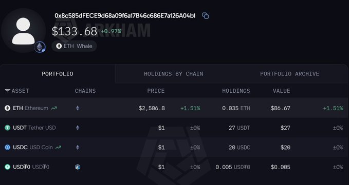 A screenshot of an ETH Whale portfolio dashboard showing holdings across multiple chains, displaying 0.035 ETH ($86.67), 27 USDT ($27), 20 USDC ($20), and 0.005 USDT0 ($0.005) with a total value of $133.68 (+9.97%), with the wallet address 0x8c585dfFECE9d68a09f6a17B46c686E7af26A04bf tagged as an "ETH Whale." The image relates to the post by showing a portfolio tracker for an Ethereum whale address, though the displayed holdings (~$133) don't match the large-scale trading activity described.