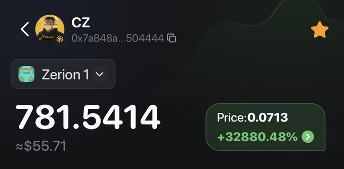 A crypto wallet screen showing 'CZ' account 0x7a848a...504444 on Zerion 1 with a balance of 781.5414 (~$55.71) and a price of 0.0713, up +32880.48%.