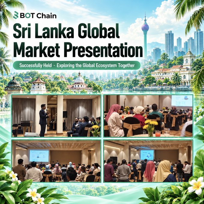 A promotional poster for the "Sri Lanka Global Market Presentation" by BOT Chain, subtitled "Successfully Held · Exploring the Global Ecosystem Together," featuring event photos against a cityscape background.