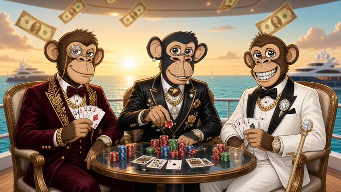 Three anthropomorphic monkeys in formal suits sit at a casino poker table with chips and cards, with money floating around them on a yacht deck at sunset.