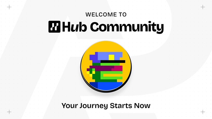 A welcome graphic for 'Hub Community' featuring a colorful pixel-art character icon in the center with the tagline 'Your Journey Starts Now' at the bottom.