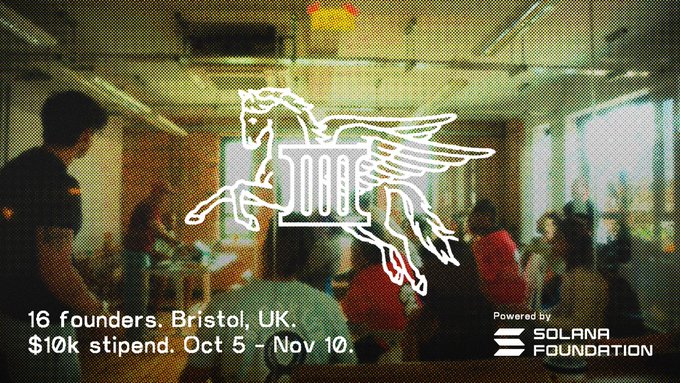 Promotional image for the Forma Residency II in Bristol, UK, featuring a winged Pegasus logo overlaid on a workshop scene, with text noting "16 founders," a "$10k stipend," running Oct 5 – Nov 10, and "Powered by Solana Foundation."