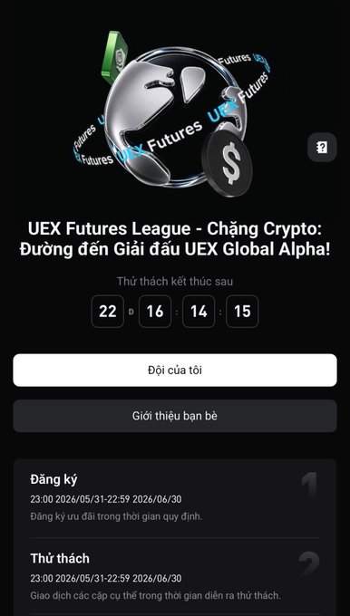 The image shows a phone screen displaying information about a trading event organized by the UEX Futures League for the SEA & SA regions. The main focus of the text displayed on the screen appears to be related to the trading rules, with a total prize pool of 120,000 US dollars. This information is provided in both English and another language (Spanish), suggesting that it's available for various international audiences. The event is scheduled for Tuesday, April 11th at 9:00 AM local time. Some details about the leaderboard are also included on this screen, indicating that a few teams have made it to the top of the list.