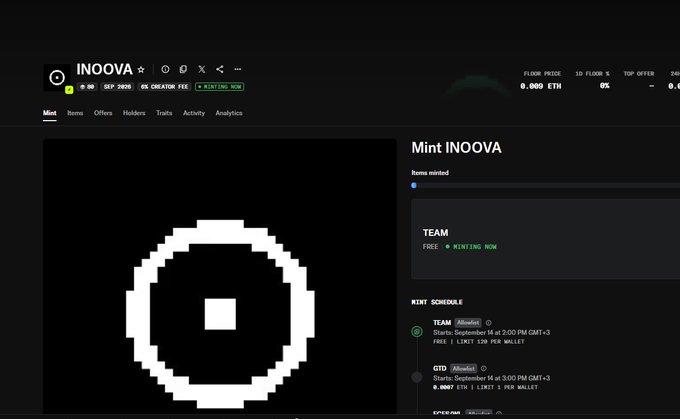 Screenshot of an NFT minting page for 'INOOVA' showing a pixel-art white circle logo, with mint schedule details for Team (September 14, 2:00 PM GMT+3) and GTO (September 14, 0:00 PM GMT+3), free minting with 120 per wallet limit.