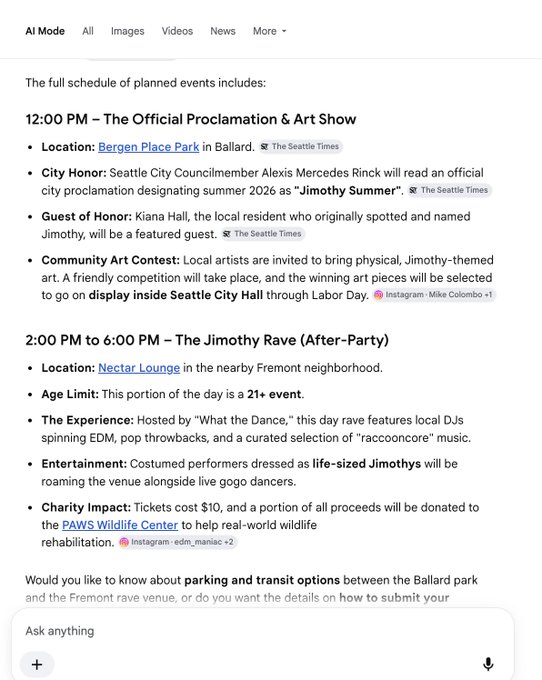 This image shows a Google AI Mode search results page displaying the full schedule of events for "Jimothy Day" in Seattle, including a 12:00 PM Official Proclamation & Art Show at Bergen Place Park featuring City Councilmember Alexis Mercedes Rinck and Guest of Honor Kiana Hall, followed by a 2:00-6:00 PM rave at Nectar Lounge in Fremont with 21+ admission, $10 tickets benefiting PAWS Wildlife Center, and live gogo dancers dressed as life-sized Jimothys.