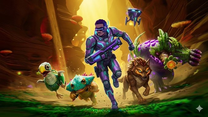 The image features a man dressed in blue armor running through an arena with several other characters, including a dog and a bird. The scene takes place during the day under bright sunlight, creating a vibrant atmosphere. The caption of the image reads "Illuvium Deathmatch lança @illuviumio confirmou a data: 4 de junho é quando ... apenas 1 sai vivo". This description suggests that the image is related to an online game or platform called Illuminium Deathmatch, which allows players to engage in various activities and adventures within its virtual world. The post also mentions that the game's NFTs are permanent and cannot be removed from the blockchain.