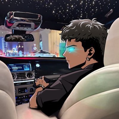 Stylized illustration of a young man with glowing blue eyes sitting in the back seat of a luxury car at night, driving through a neon-lit city.