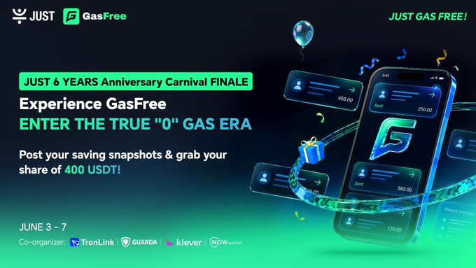 The image features a cell phone with a green background and blue text promoting GasFree, which is an app for transferring money between accounts. The caption reads "Just 6 years anniversary carnival finish" and "Experience GasFree enter the true gas era".