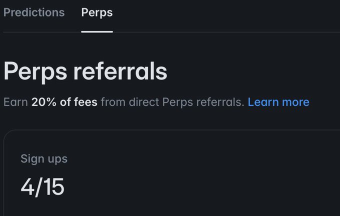 A dark-mode user interface showing a "Perps referrals" page under a "Perps" tab, stating users can "Earn 20% of fees from direct Perps referrals" with a "Sign ups" counter showing "4/15".