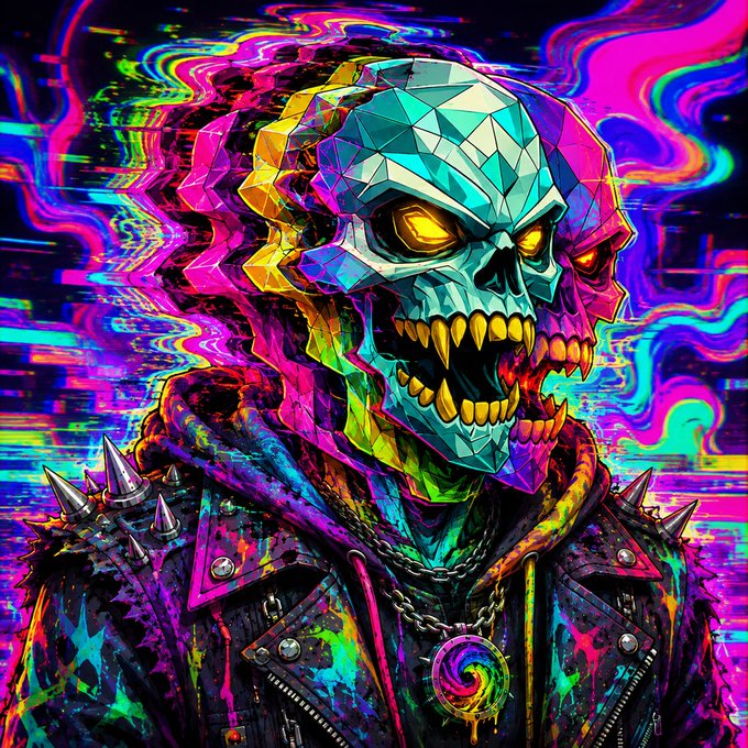 A vibrant digital illustration of a menacing geometric skull with glowing yellow eyes and golden fangs, wearing a spiked leather jacket with chains, against a glitch-effect background of neon pink, green, and blue.