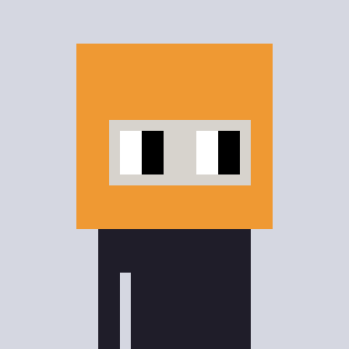 A minimalist pixel art illustration of an orange character with a rectangular white face containing black eyes, wearing dark pants, set against a light gray background.