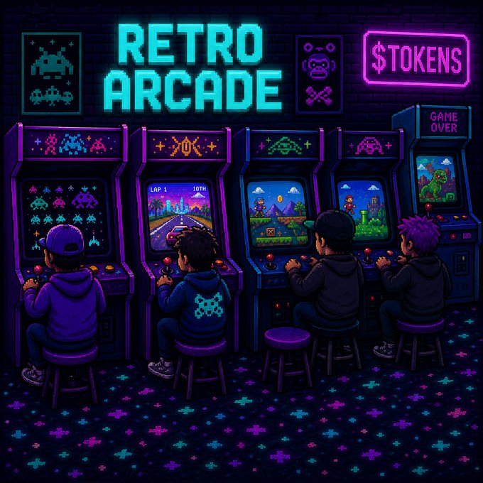 A pixel art illustration of a 'Retro Arcade' featuring four gamers sitting on stools and playing classic arcade cabinets, with a '$TOKENS' neon sign and 'GAME OVER' text visible.