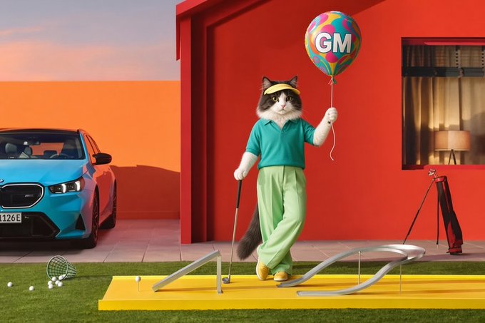 A surreal digital artwork featuring an anthropomorphic cat dressed in golf attire holding a 'GM' balloon, with a blue BMW and a mini-golf course in a stylized setting.