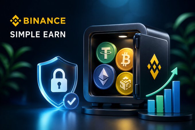 The image is a promotional graphic for "Binance Simple Earn," featuring the Binance logo alongside a digital vault displaying crypto coins like USDT, Bitcoin, and Ethereum, a security shield with a padlock, and an ascending bar chart with an upward arrow symbolizing rewards growth. It visually reinforces the post's message by depicting safe, passive earning on idle assets (USDT, BTC, ETH, BNB) without active trading.