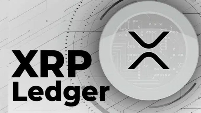 The XRP Ledger logo featuring the XRP symbol on a circular emblem, displayed against a gray circuit-board themed background.