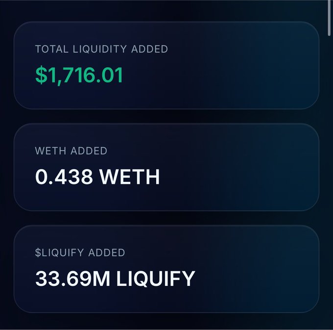 The image shows a liquidity addition summary displaying a total of $1,716.01 added to a pool, consisting of 0.438 WETH and 33.69M $LIQUIFY tokens. This relates to the "0.5 WETH SOON" post by showing current progress toward that target, with 0.438 WETH already contributed—just shy of the 0.5 WETH milestone.