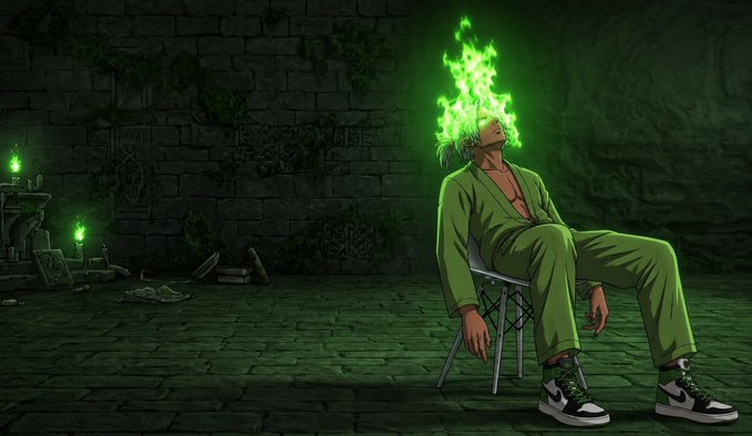 A character in green sits slumped in a folding chair as a vibrant green flame rises from where his head should be, set against a dark stone dungeon lit by eerie green torches. The "gm" (good morning) post is humorously matched by the character's "decapitated by green flame" morning, suggesting a rough but defiant start to a great day.