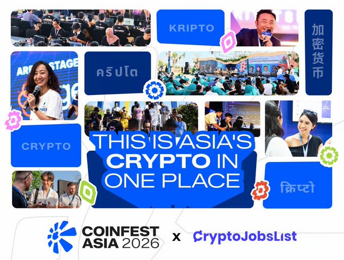A promotional collage for **Coinfest Asia 2026 × CryptoJobsList** features event photos, the tagline "THIS IS ASIA'S CRYPTO IN ONE PLACE," and the word "crypto" displayed in multiple languages (KRIPTO, CRYPTO, 加密货币, क्रिप्टो), teasing tomorrow's Bali festival of builders, traders, and masterclasses at Melasti Beach.