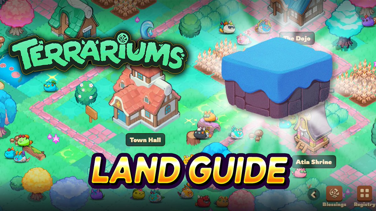 The image features a poster for a video game called Terrariums, which has been released by Axie Infinity. The poster displays an illustration of a town with buildings and trees, along with a blue square that reads "Land Guide". The text on the poster provides information about the game's launch and how to activate it. The overall layout is simple yet informative, making it easy for potential players to understand what the game entails.