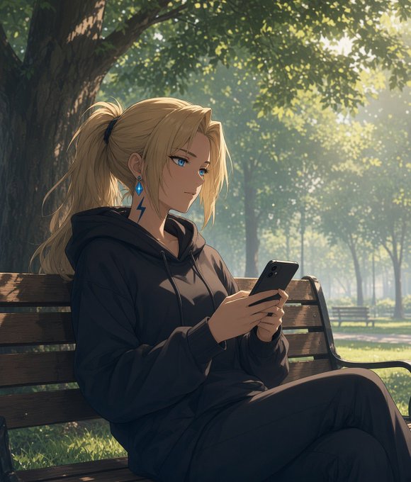 A blonde anime-style character with a lightning bolt earring sits on a wooden park bench, intently checking her phone before the day's activity begins—symbolizing a quiet moment of market review before the trading day's "noise" begins.