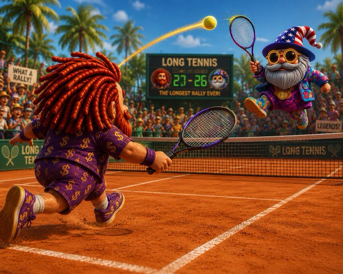 A vibrant 3D illustration of two characters playing tennis on a clay court, with a scoreboard reading 'LONG TENNIS 27-26 THE LONGEST RALLY EVER!' and crowds holding 'WHAT A RALLY!' and 'LEGENDS!' signs.