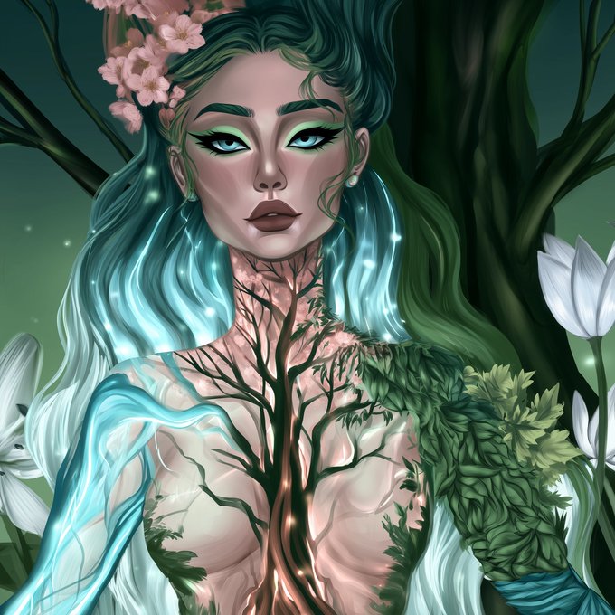 This digital artwork, titled "Soul Tree," depicts a mystical woman with green and blue hair and a floral crown, whose chest reveals a glowing tree structure merging with her body, and is noted as available on @TransientLabs.