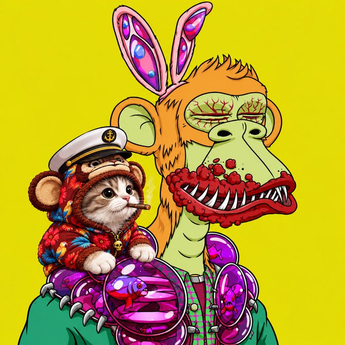 A vibrant digital illustration of a Bored Ape-style monkey with pink bunny ears and bloody teeth, holding a kitten dressed in a sailor outfit and Hawaiian shirt smoking a cigar.