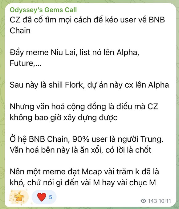 A Telegram message in Vietnamese titled 'Odyssey's Gems Call' discussing CZ's attempts to attract users to BNB Chain, mentioning meme coins like Niu Lai and Flork, and critiquing the community culture where 90% of users are Chinese.