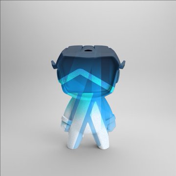 A 3D-rendered stylized character figure wearing a blue and teal VR-style headset and outfit stands against a plain white background.