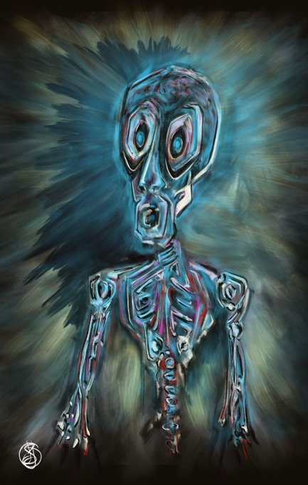 A digital painting of a blue, skeletal humanoid figure with large hollow eyes and exposed ribs is surrounded by a radiating, textured background.
