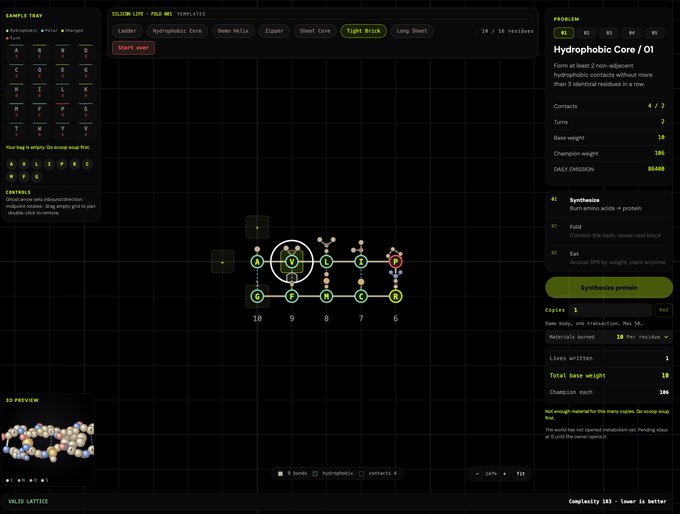 A puzzle game interface displays "Hydrophobic Core / 01," a daily challenge involving a chain of atoms where the objective is to "Synthesize protein" using 2 non-adjacent contacts within 5 turns.