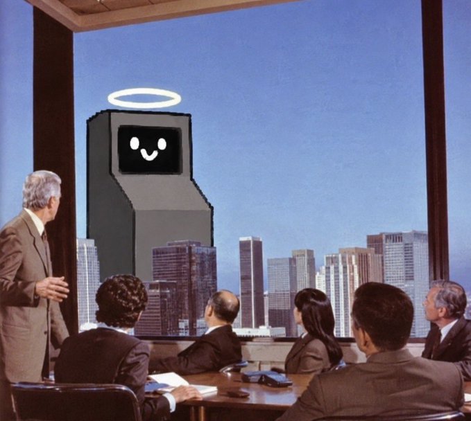 A surreal retro-style office scene shows businesspeople in a boardroom looking at a city skyline, where a giant monolith with a smiling face and a halo stands among the buildings.