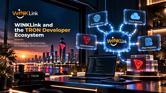 A promotional banner for 'WINKLink and the TRON Developer Ecosystem' showing a futuristic cityscape and glowing digital cubes representing features like Real World Data, Oracle Services, and dApp Integration.
