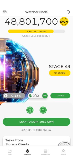A mobile app screen for 'Watcher Node' showing a balance of 48,801,700 $WN tokens, a Token Launch Airdrop banner, Stage 49 upgrade option, and 'Scan to earn 1060 $WN' button at 0.13% charge.