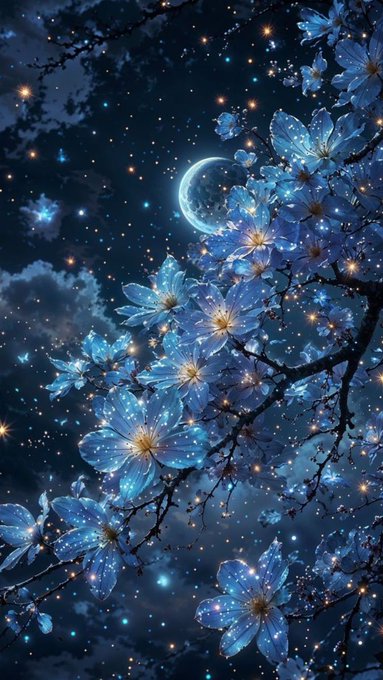 A dreamlike nighttime scene features luminous blue cherry blossom branches stretching across a starry sky, with a glowing crescent moon shining in the background. The petals appear to sparkle with stardust, creating a magical, celestial atmosphere.