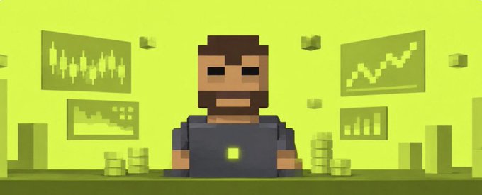 A pixel art illustration shows a bearded character wearing a dark shirt with a glowing emblem, sitting at a desk with stacks of coins in front of floating financial chart screens (candlestick, line graph, and bar chart) against a green background. The image evokes a crypto trading aesthetic, visually reinforcing the post's theme of selecting five EVM wallets for an NFT airdrop giveaway.