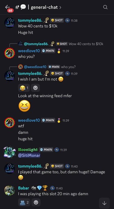 A Discord chat screenshot from the "general-chat" channel showing users tommylee86 and weedlove10 reacting with amazement after tommylee86's win of 40 cents to $10k on a "Huge hit" slot play. Other users like illoonlight and Babar chime in to confirm they were also playing the same slot around the same time, supporting the accompanying post's claim about MetaWin's transparent, verifiable winning replays that get shared publicly in the community Discord.