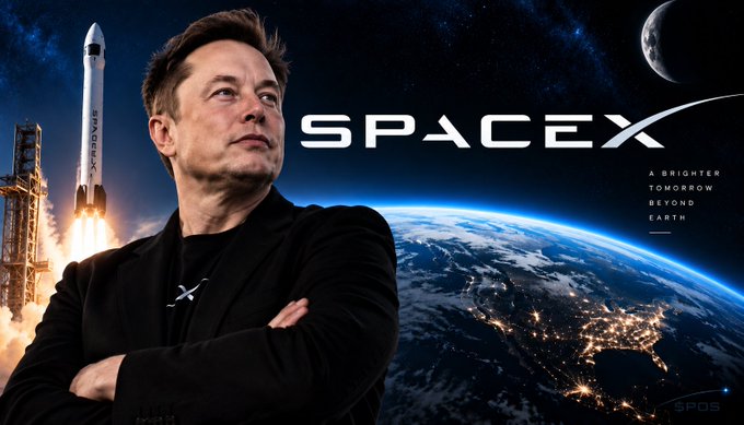 A promotional SpaceX graphic featuring Elon Musk in a black jacket, a Falcon 9 rocket launch on the left, and the Earth from space with the SpaceX logo and tagline 'A BRIGHTER TOMORROW BEYOND EARTH'.