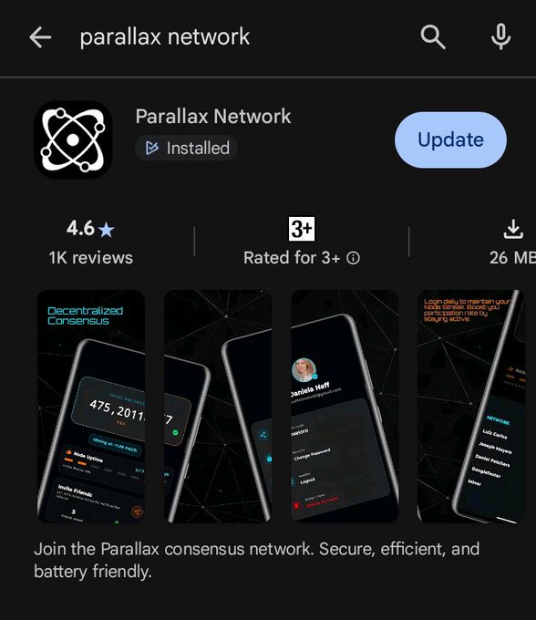 Google Play Store page for 'Parallax Network' app, rated 4.6 stars with 1K reviews, marked as Installed with an Update button, described as 'Join the Parallax consensus network. Secure, efficient, and battery friendly.'