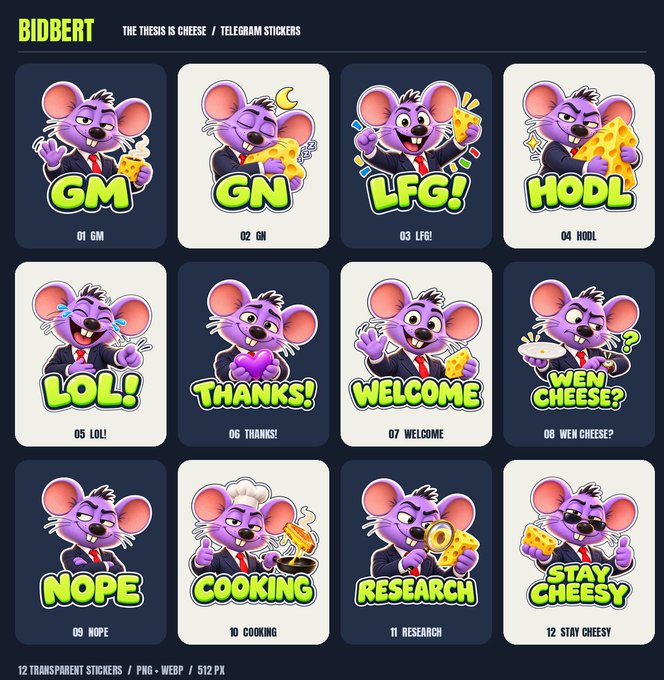 A sheet of 'BIDBERT' Telegram stickers featuring a purple mouse character in a suit, displaying 12 expressions and phrases including 'GM', 'GN', 'HODL', 'NOPE', and 'STAY CHEESY'.