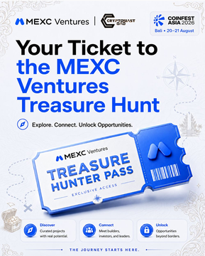 This is a promotional graphic for a MEXC Ventures x Cryptosiast Treasure Hunt giveaway offering two free tickets to Coinfest Asia 2026 (August 26-27), featuring a blue "Treasure Hunter Pass" ticket design with three benefits listed: Discover curated projects with vast potential, Connect Meet builders, investors, and leaders, and Unlock Opportunities beyond borders. The image directly illustrates the Indonesian caption's giveaway of free Coinfest Asia tickets through the treasure hunt collaboration.