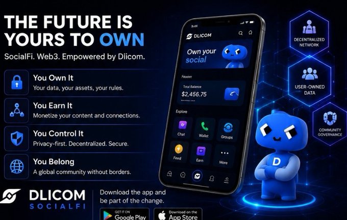 The image features a cell phone with an app displayed on its screen that has a blue character on it. The text on the cell phone reads "The future is your own. Social-Fi Web3 Empowered by Dicom". This suggests that the app could be related to social media or networking, and possibly even cryptocurrency.