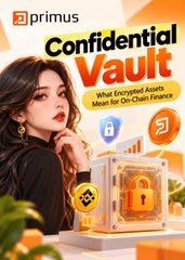 A promotional graphic for 'primus Confidential Vault' featuring an encrypted assets on-chain finance illustration with a woman and locked vault icons.