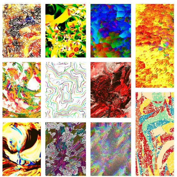 A grid layout of eleven colorful abstract and psychedelic image panels featuring various patterns, swirls, and vibrant color schemes arranged in an artistic collage.